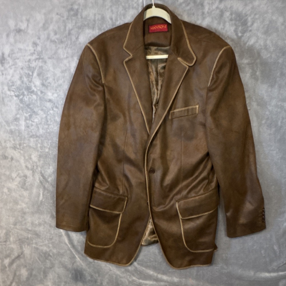 Mantoni Brown Leather Suede Men's Blazer Two-Button Notch Lapel Inner Pockets - Picture 2 of 8